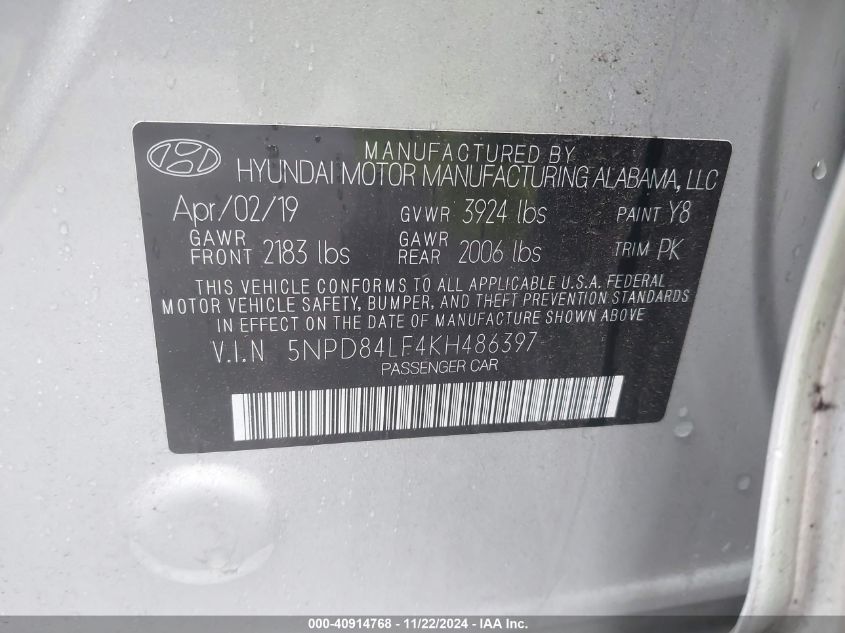 2019 HYUNDAI ELANTRA LIMITED - 5NPD84LF4KH486397