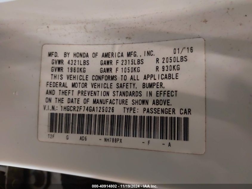 2016 HONDA ACCORD VIN: 1HGCR2F74GA125026