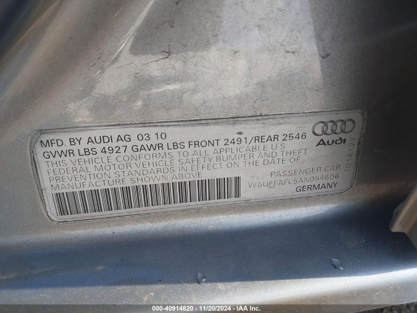 2010 Audi A4 2.0T Premium VIN: WAUFFAFL5AN054606 Lot: 40914820