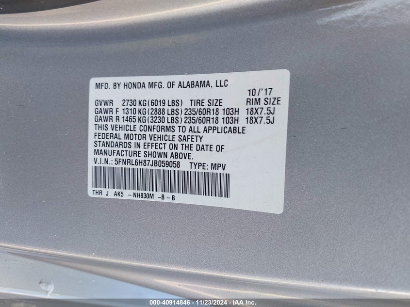 VIN 5FNRL6H87JB059058 2018 HONDA ODYSSEY TOURING