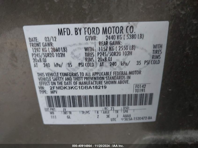 2013 Ford Edge Limited VIN: 2FMDK3KC1DBA18219 Lot: 40914864