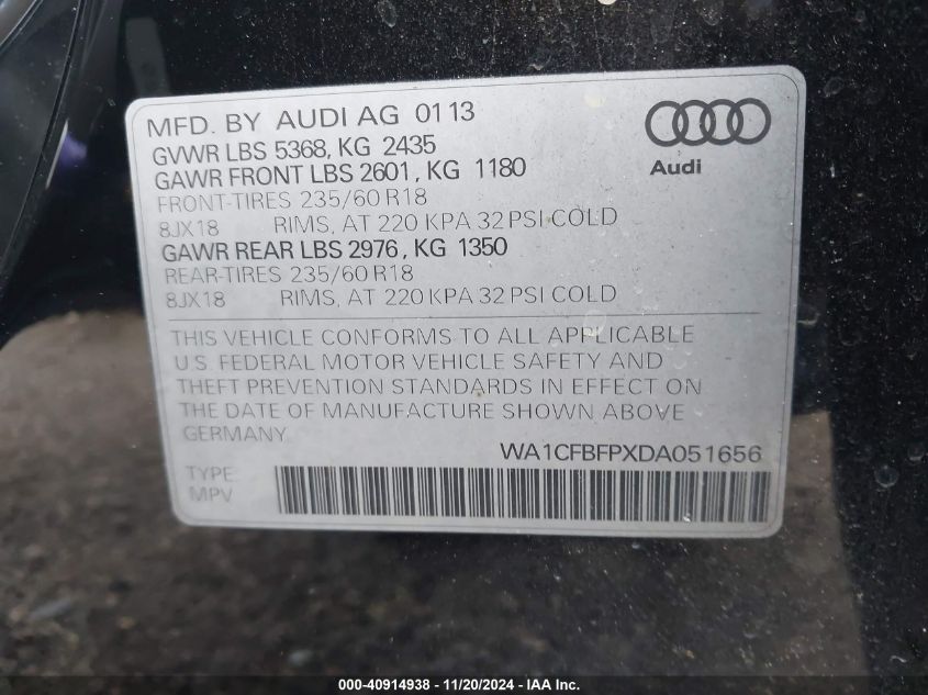 2013 Audi Q5 2.0T Premium VIN: WA1CFBFPXDA051656 Lot: 40914938