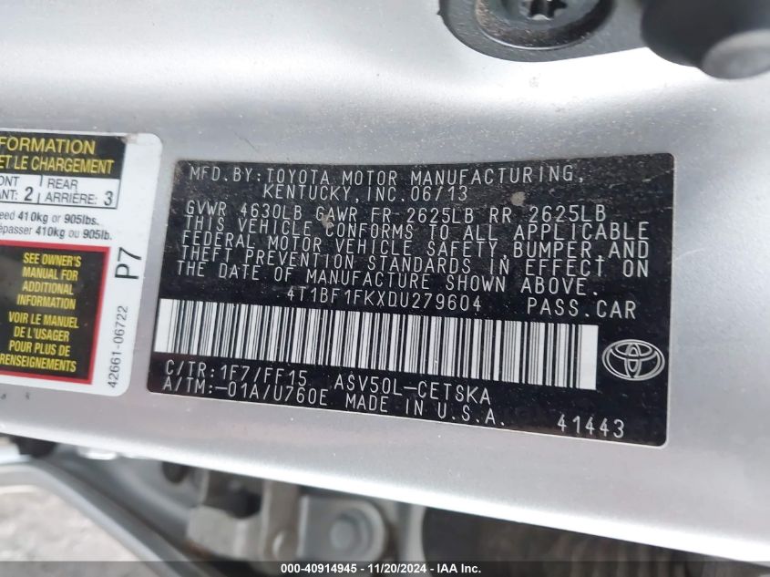 2013 Toyota Camry Se VIN: 4T1BF1FKXDU279604 Lot: 40914945