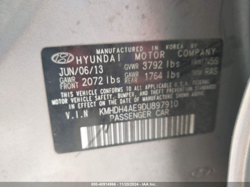 2013 Hyundai Elantra Gls VIN: KMHDH4AE9DU897910 Lot: 40914966