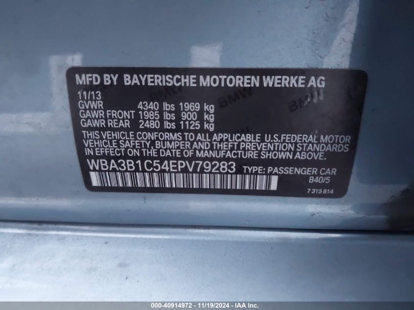 2014 BMW 320I VIN: WBA3B1C54EPV79283 Lot: 40914972