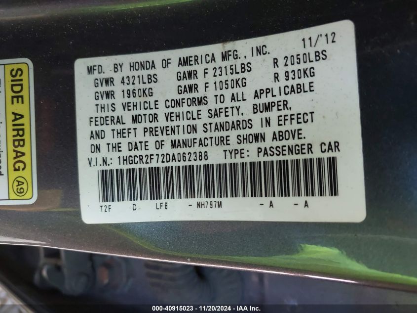 VIN 1HGCR2F72DA062388 2013 HONDA ACCORD no.9