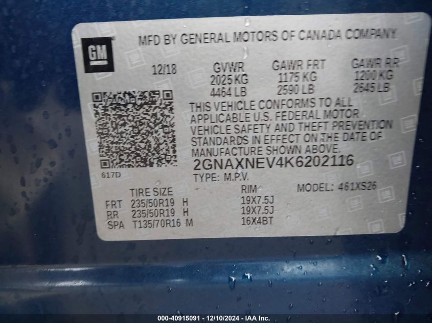 VIN 2GNAXNEV4K6202116 2019 Chevrolet Equinox, Premier no.9