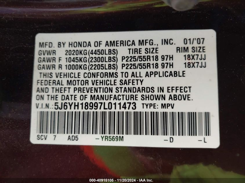 2007 Honda Element Sc VIN: 5J6YH18997L011473 Lot: 40915105