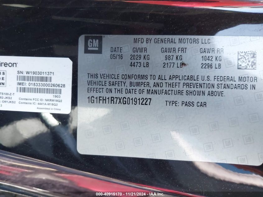 2016 CHEVROLET CAMARO VIN: 1G1FH1R7XG0191227