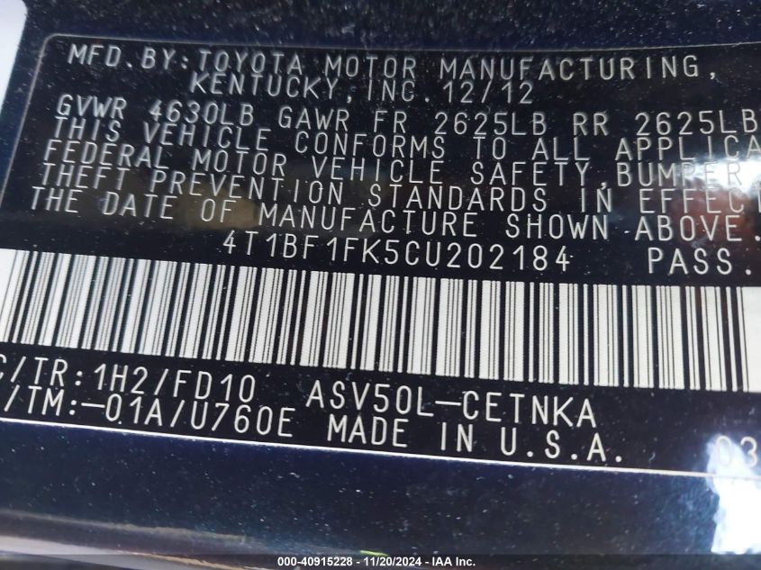 2012 TOYOTA CAMRY VIN: 4T1BF1FK5CU202184