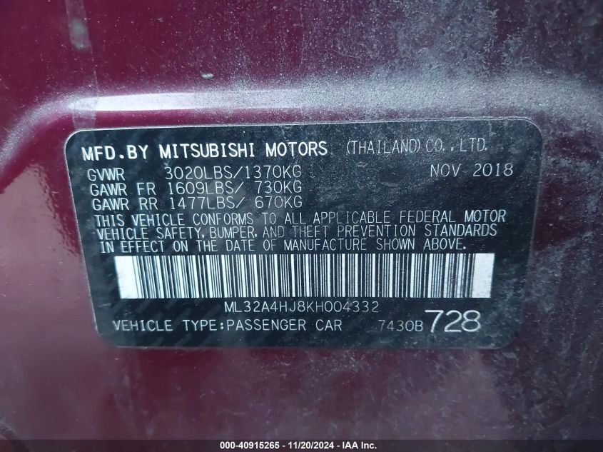 2019 Mitsubishi Mirage Se VIN: ML32A4HJ8KH004332 Lot: 40915265