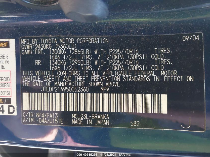 2005 Toyota Highlander V6 VIN: JTEDP21A950052360 Lot: 40915295