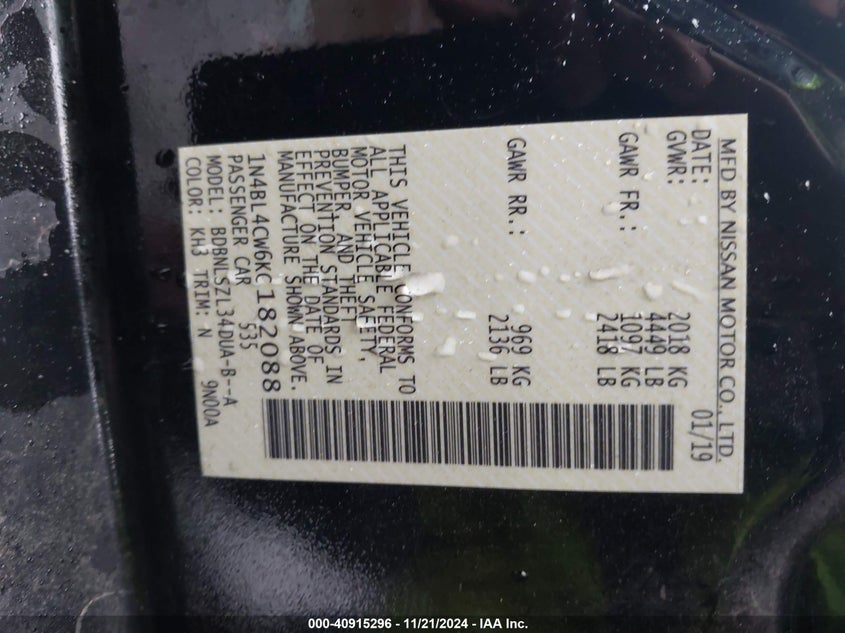 2019 NISSAN ALTIMA VIN: 1N4BL4CW6KC182088