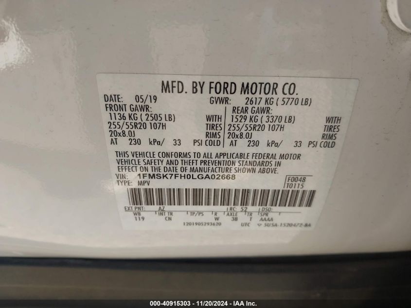 2020 Ford Explorer Limited VIN: 1FMSK7FH0LGA02668 Lot: 40915303