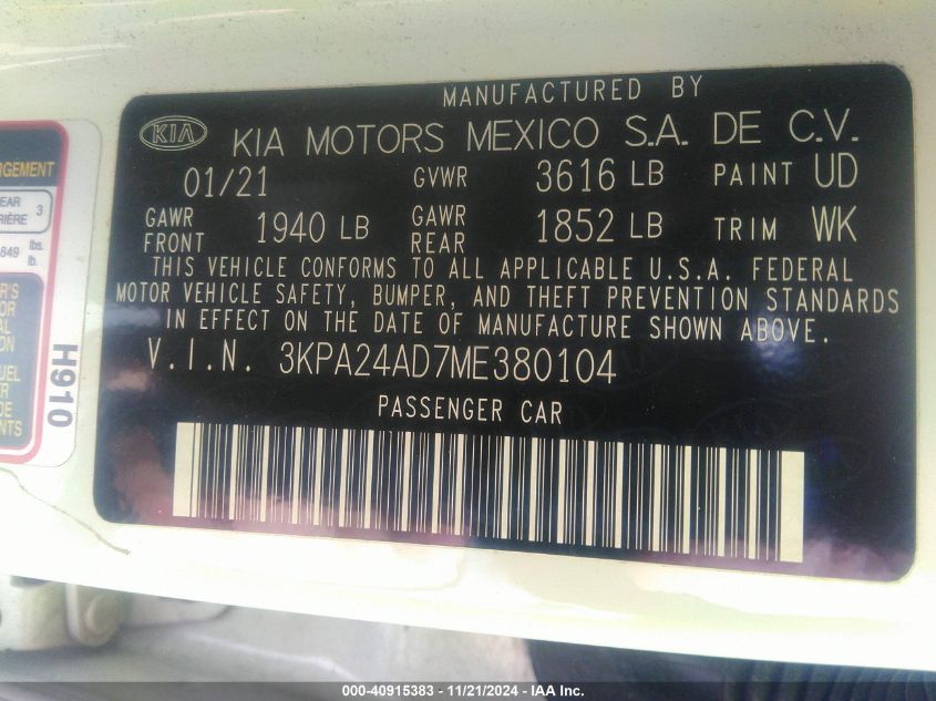 VIN 3KPA24AD7ME380104 2021 KIA RIO S