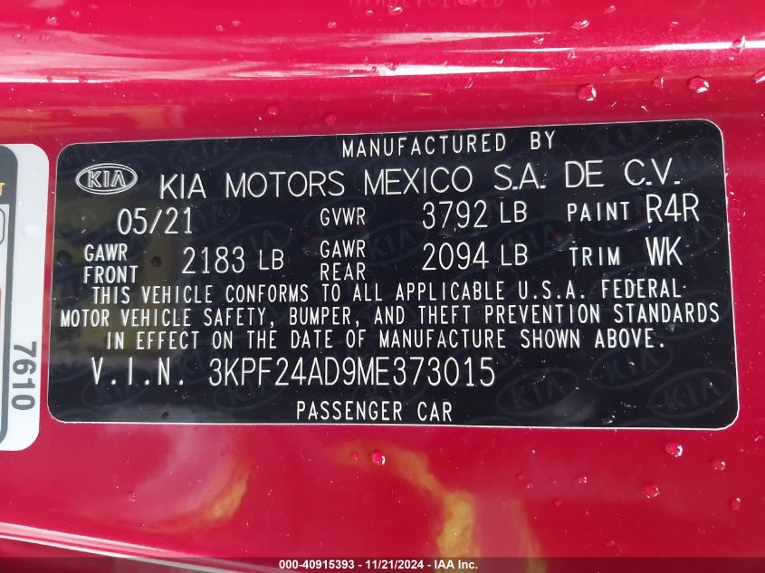 2021 Kia Forte Lxs VIN: 3KPF24AD9ME373015 Lot: 40915393