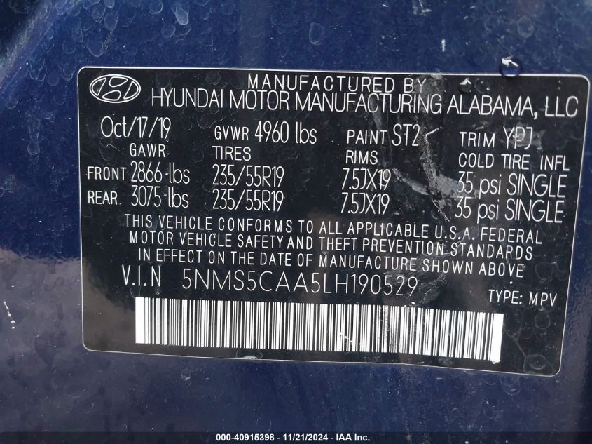 2020 Hyundai Santa Fe Limited 2.0T VIN: 5NMS5CAA5LH190529 Lot: 40915398