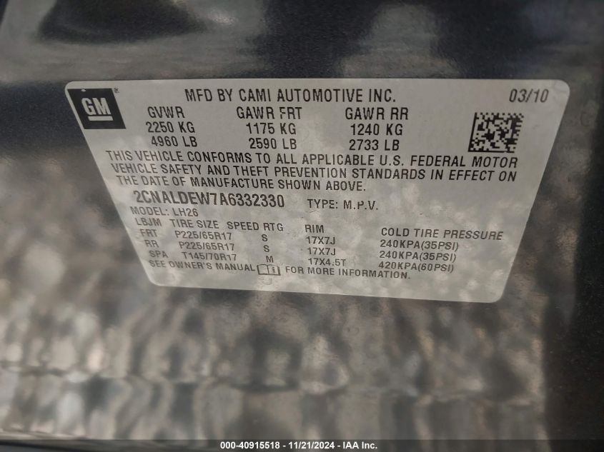 2010 Chevrolet Equinox Lt VIN: 2CNALDEW7A6332330 Lot: 40915518