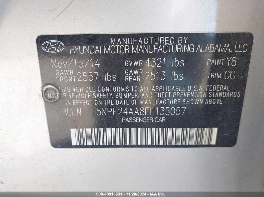 2015 Hyundai Sonata Eco VIN: 5NPE24AA8FH135057 Lot: 40915631