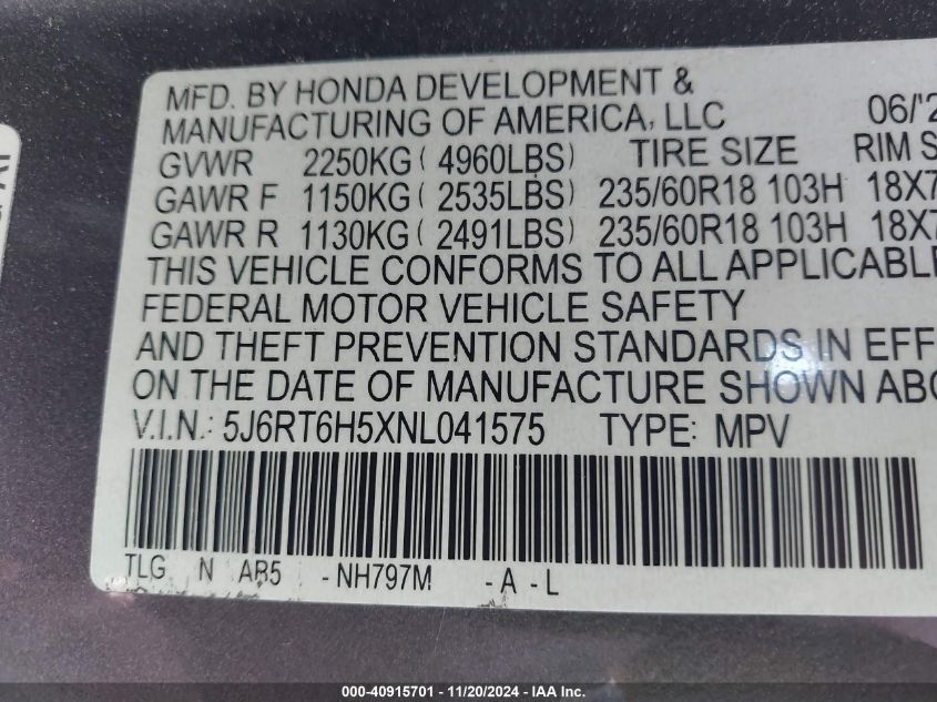 2022 Honda Cr-V Hybrid Ex VIN: 5J6RT6H5XNL041575 Lot: 40915701