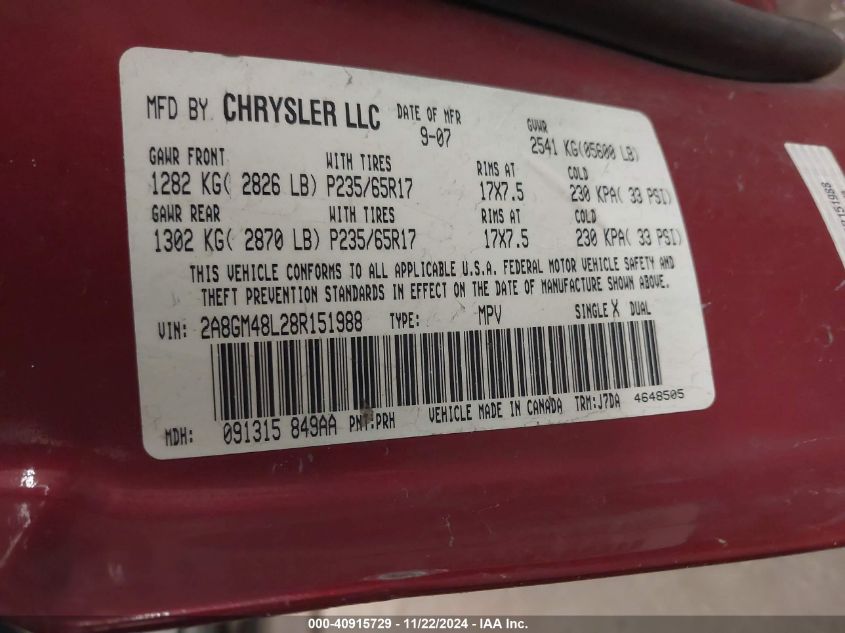 2008 Chrysler Pacifica Lx VIN: 2A8GM48L28R151988 Lot: 40915729