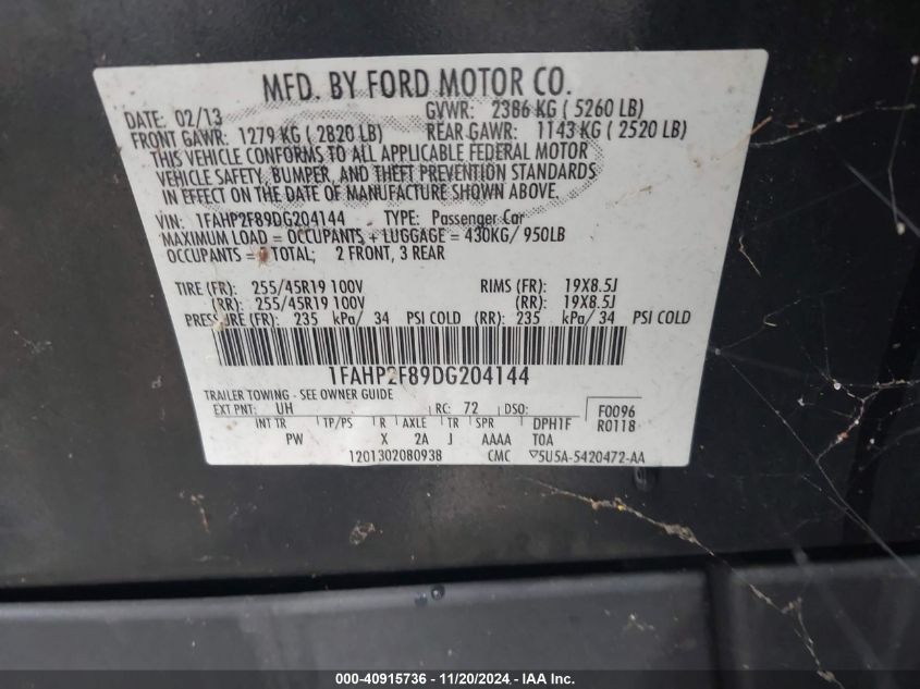 2013 Ford Taurus Limited VIN: 1FAHP2F89DG204144 Lot: 40915736