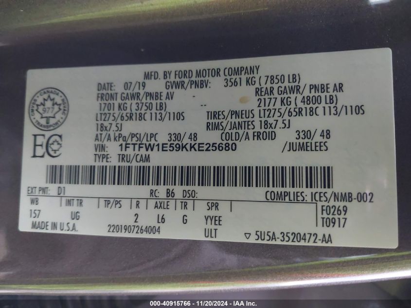 2019 FORD F-150 VIN: 1FTFW1E59KKE25680