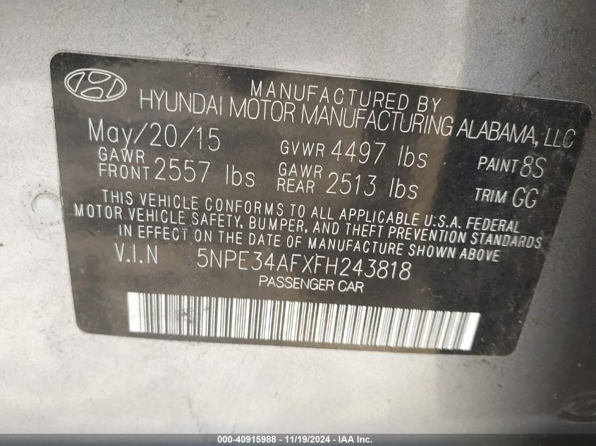 2015 Hyundai Sonata Sport VIN: 5NPE34AFXFH243818 Lot: 40915988