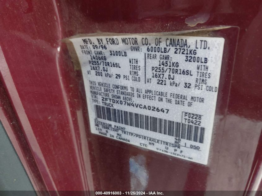1997 Ford F150 VIN: 2FTDX07W4VC02647 Lot: 40916003