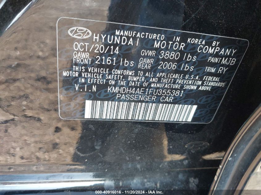 2015 Hyundai Elantra Se VIN: KMHDH4AE1FU355381 Lot: 40916016