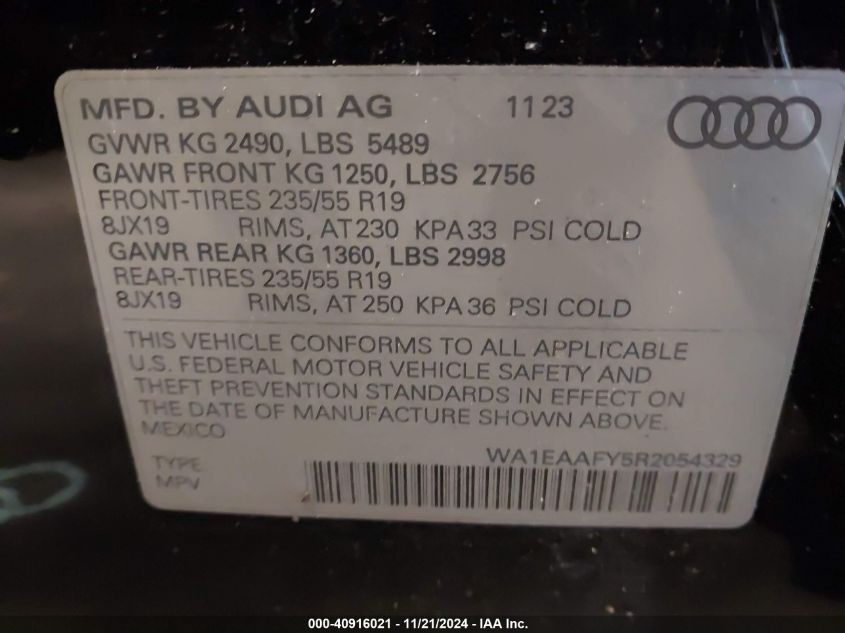 2024 Audi Q5 Premium Plus 45 Tfsi S Line Quattro VIN: WA1EAAFY5R2054329 Lot: 40916021