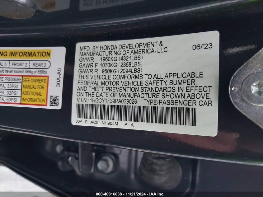 2023 HONDA ACCORD 1.5L I-4 DI, DOHC, V(VIN: 1HGCY1F39PA039026