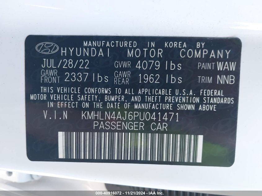 2023 Hyundai Elantra Hybrid Limited VIN: KMHLN4AJ6PU041471 Lot: 40916072