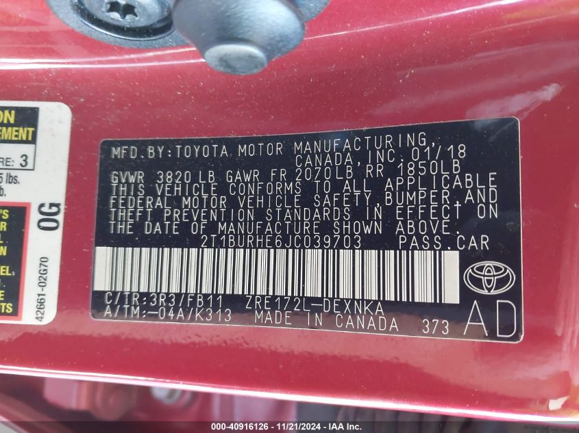 VIN 2T1BURHE6JC039703 2018 TOYOTA COROLLA LE