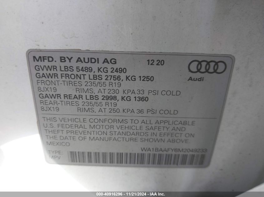 2021 Audi Q5 Premium Plus 45 Tfsi Quattro S Tronic VIN: WA1BAAFY6M2049233 Lot: 40916296