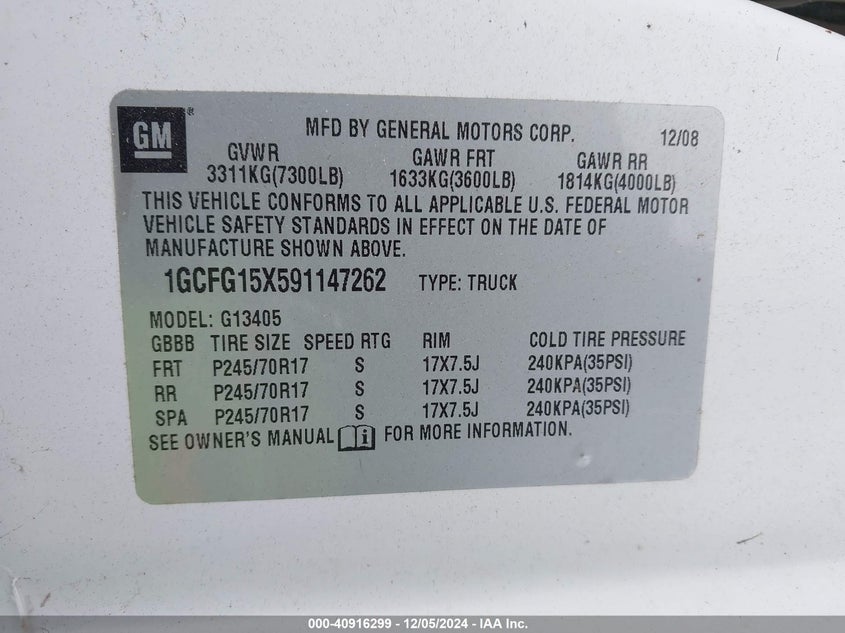 2009 Chevrolet Express 1500 Work Van VIN: 1GCFG15X591147262 Lot: 40916299