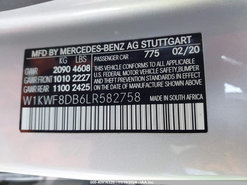 2020 Mercedes-Benz C 300 VIN: W1KWF8DB6LR582758 Lot: 40916325