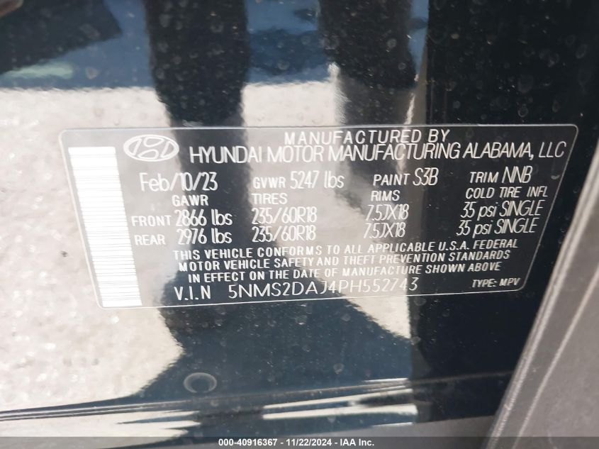 2023 Hyundai Santa Fe Sel VIN: 5NMS2DAJ4PH552743 Lot: 40916367