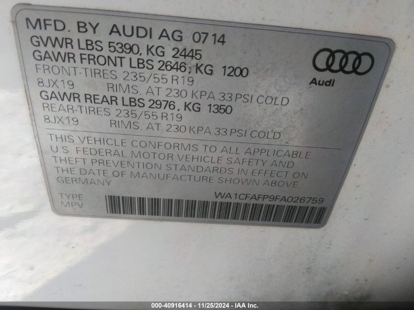 2015 Audi Q5 2.0T Premium VIN: WA1CFAFP9FA026759 Lot: 40916414