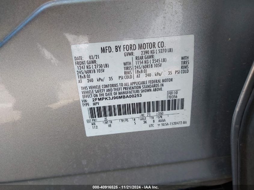 2021 Ford Edge Sel VIN: 2FMPK3J96MBA00253 Lot: 40916525