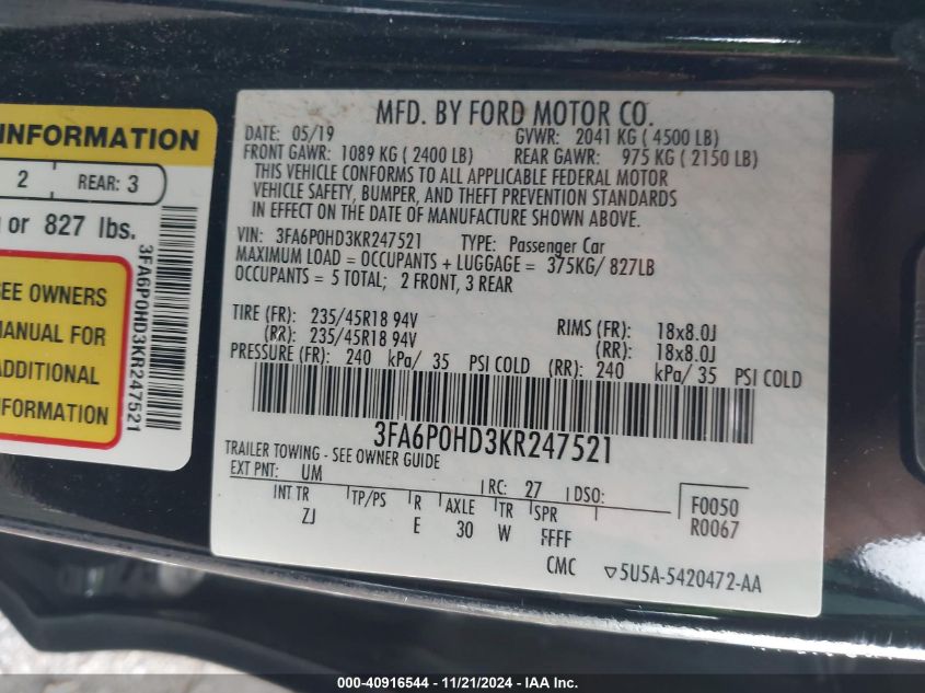 2019 Ford Fusion Se VIN: 3FA6P0HD3KR247521 Lot: 40916544