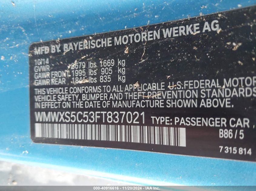 2015 MINI HARDTOP COOPER WMWXS5C53FT837021