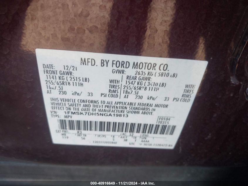 2022 Ford Explorer Xlt VIN: 1FMSK7DH5NGA19813 Lot: 40916649