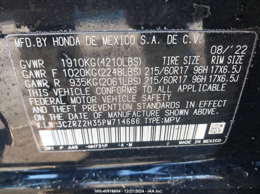 VIN 3CZRZ2H35PM714666 2023 HONDA HR-V no.9