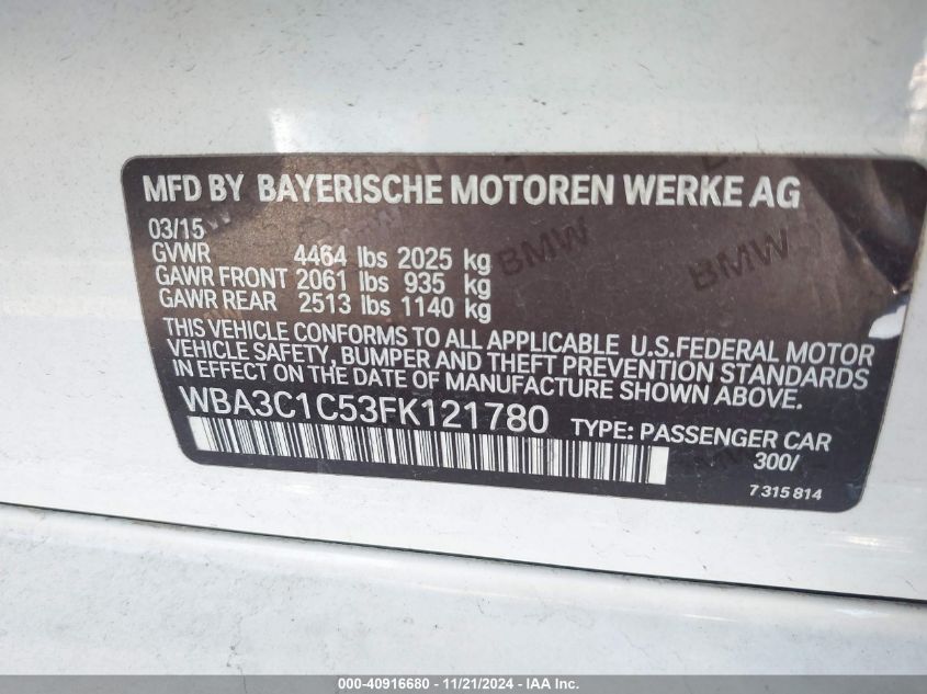 2015 BMW 328I VIN: WBA3C1C53FK121780 Lot: 40916680