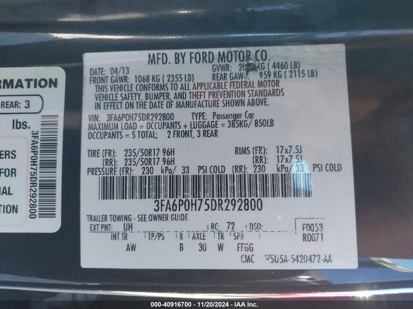 2013 Ford Fusion Se VIN: 3FA6P0H75DR292800 Lot: 40916700