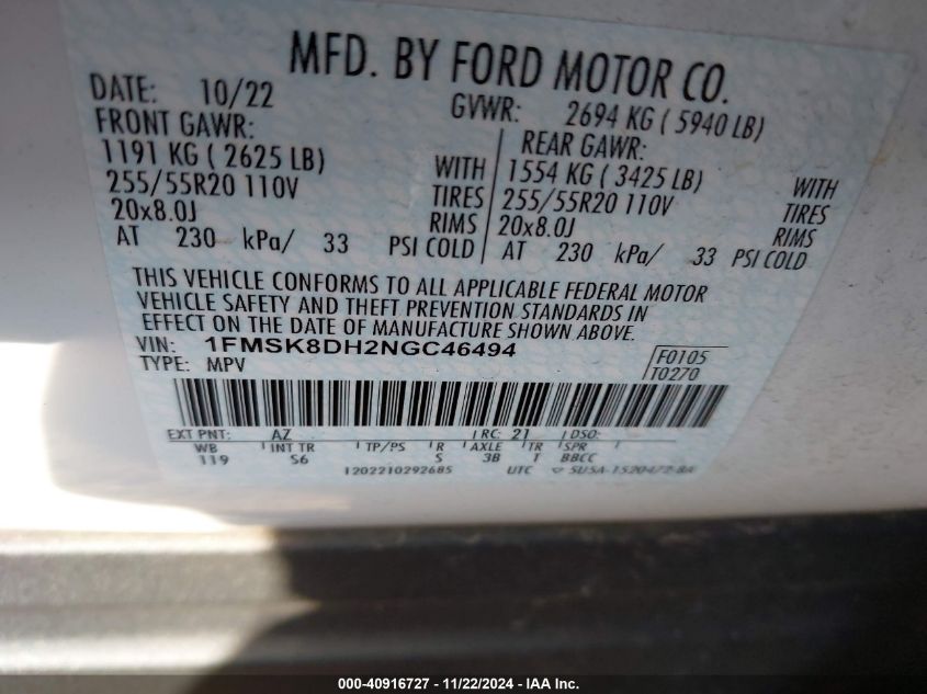 2022 Ford Explorer Xlt VIN: 1FMSK8DH2NGC46494 Lot: 40916727