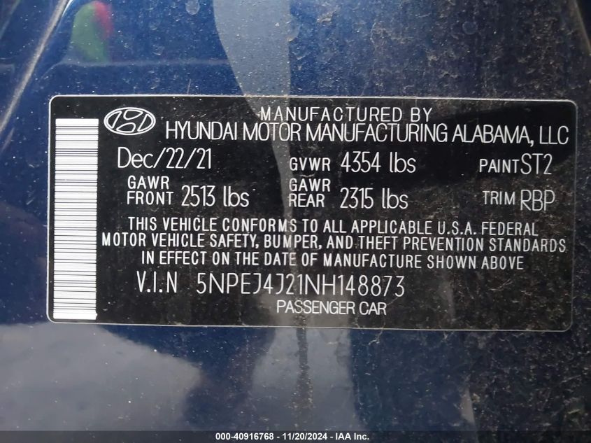 2022 Hyundai Sonata Sel Plus VIN: 5NPEJ4J21NH148873 Lot: 40916768