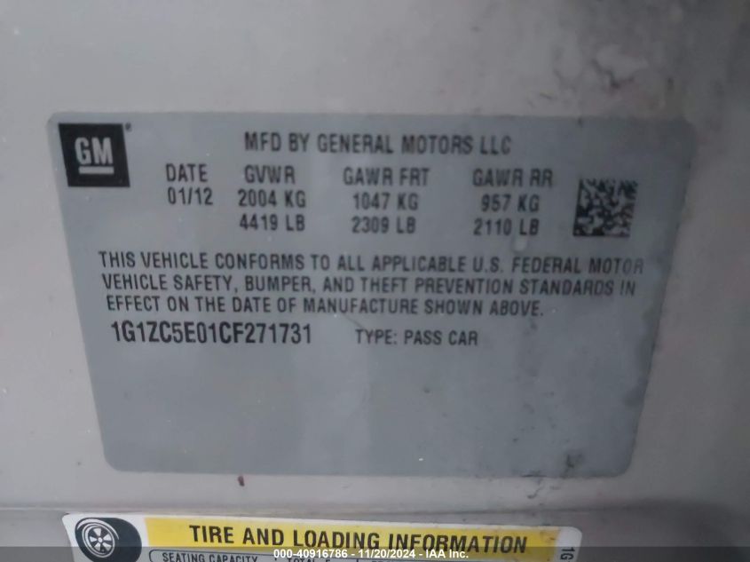 2012 CHEVROLET MALIBU VIN: 1G1ZC5E01CF271731