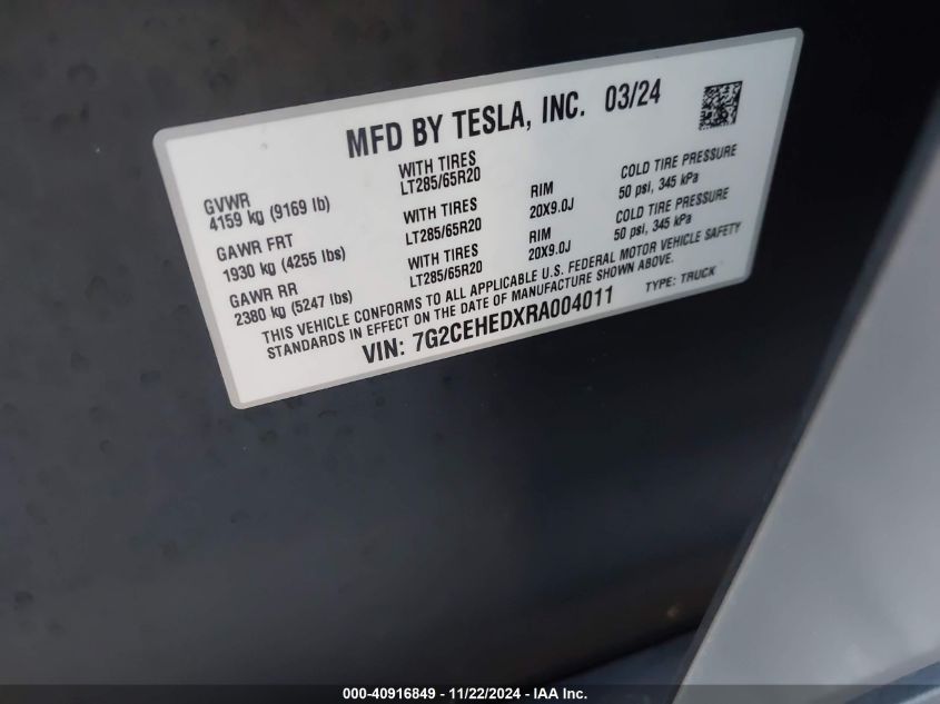 2024 Tesla Cybertruck All-Wheel Drive VIN: 7G2CEHEDXRA004011 Lot: 40916849